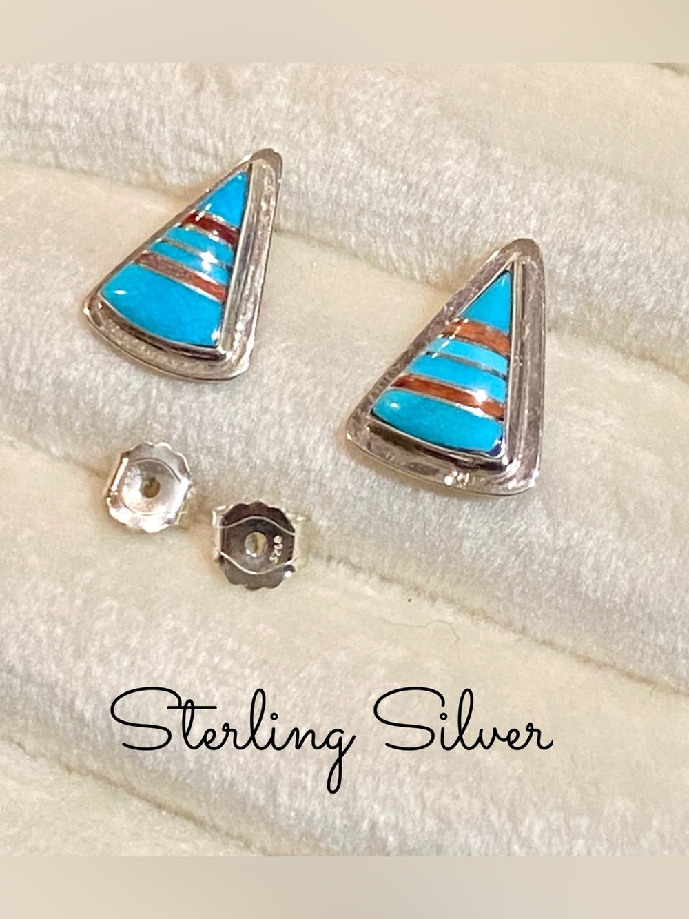 Triangle Vintage Native American Turquoise/Coral Sterling Silver Teepee Earrings